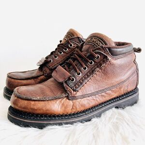 Vintage Elk Woods Brown Worn Distressed Leather Chunky Lug Boots ~Mens Size 7.5D